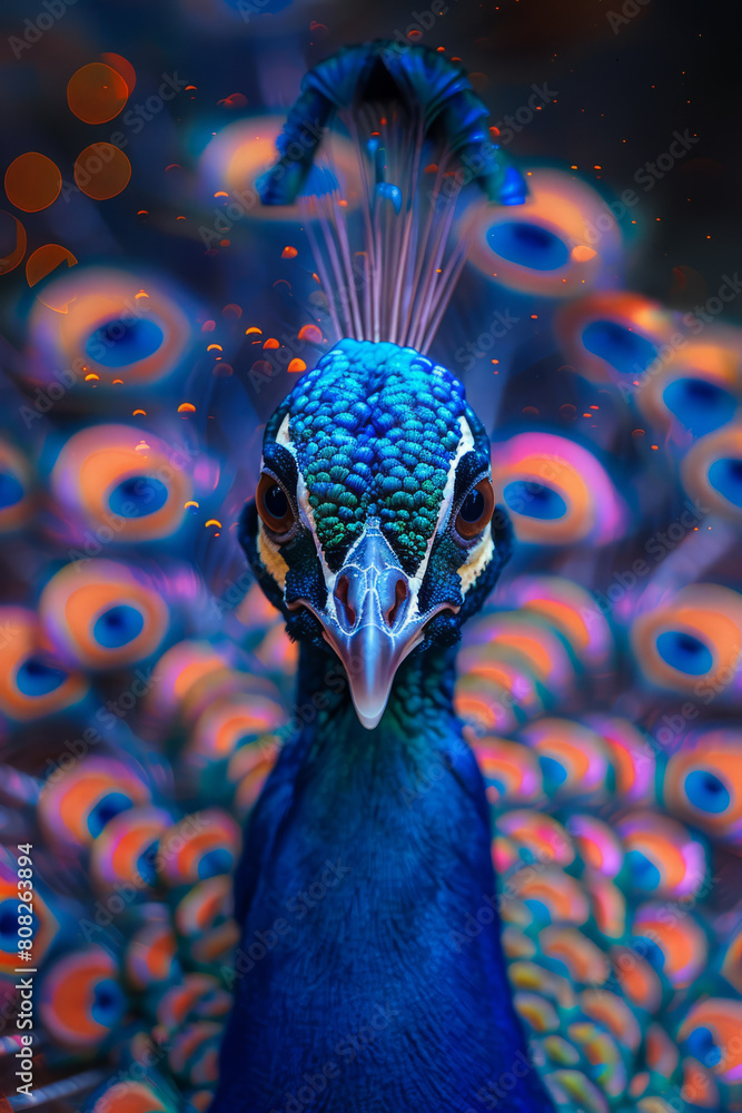 Poster a psychedelic peacock with feathers exploding in a kaleidoscope of neon colors, each eye spot swirli