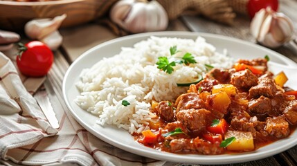 two plates featuring fragrant white rice and flavorful curries, accompanied by international dishes like English-style chicken steaks and hearty goulash, all arranged on a checkered tablecloth.