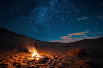 Campfire under a starlit sky in the Sahara Desert, camping rocks campfire rock formation desert, Ai generated