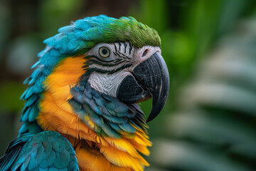 Obraz premium A parrot whose bright feathers echo the vibrant life force of a tropical jungle, full of lush greens and flower hues,