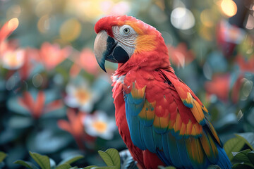 Obraz premium A parrot whose bright feathers echo the vibrant life force of a tropical jungle, full of lush greens and flower hues,