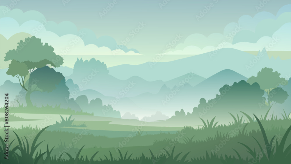 Poster a quiet meadow blanketed in a thick fog representing the tranquility and calmness that can be found 