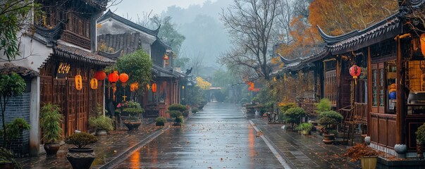 Panoramic view of a rainy Chinese traditional street