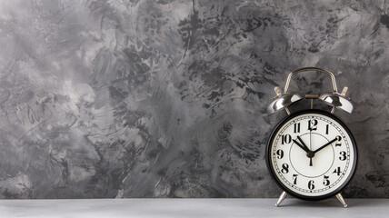 Classic alarm clock on textured background. Classic black and white alarm clock standing on a...