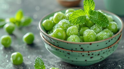   A bowl of green candies sprinkled with mint and topped with a leaf