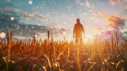 Interaction between a farmer and an artificial intelligence system supporting crop decision-making. A man walking in his field