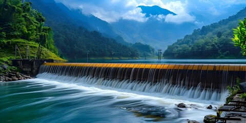 Harmonious blending of hydroelectric dam with peaceful mountain scenery in a continuous stream. Concept Hydroelectric Power, Mountain Scenery, Harmonious Design, Renewable Energy, Nature Conservation