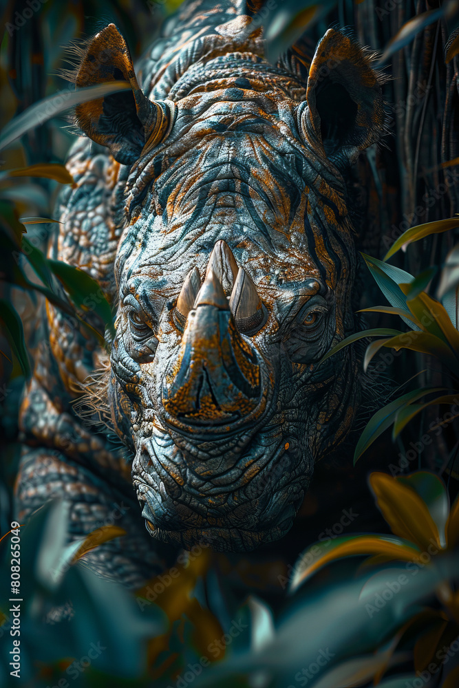 Aufkleber a beast with the muscular build of a rhino and the striped fur of a tiger, standing guard in a mythi