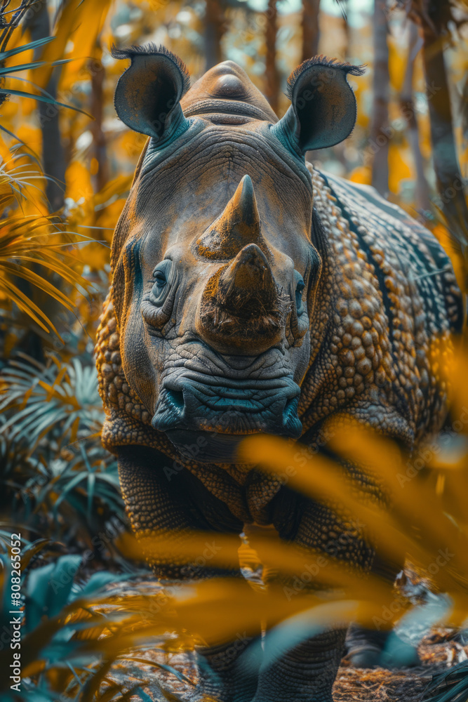 Poster A beast with the muscular build of a rhino and the striped fur of a tiger, standing guard in a mythical jungle,