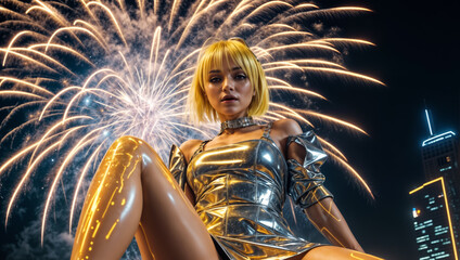 woman with blonde hair in a silver bodysuit sits on the ground with fireworks in the background.