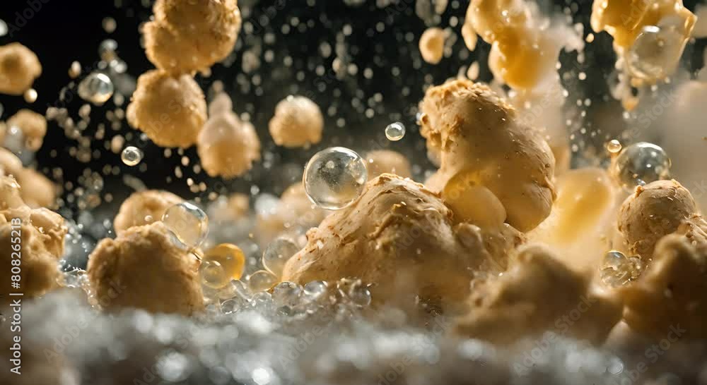 Poster fresh ginger root creating a splash intricate bubbles following its shape