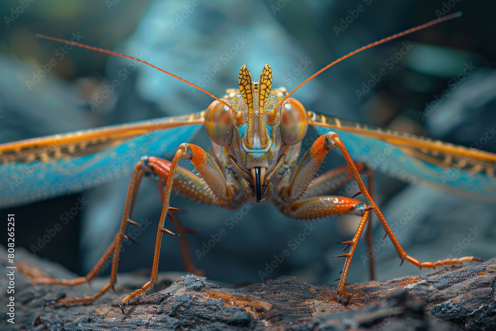 Poster an insect-like creature with the wings of a butterfly and the body of a scorpion, perched menacingly