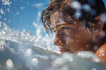 Young surfer intensely focuses while floating on clear waters, his face sprinkled with sunlit droplets