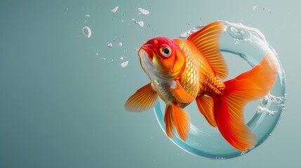 Goldfish in water. Isolation on a gray background. Copy space
