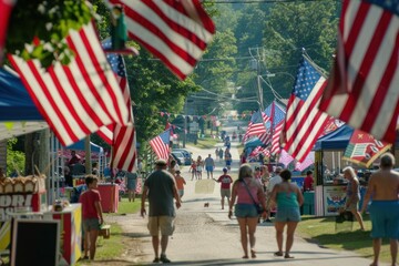 A small-town street lined with American flags, with people walking between vendor booths. 4th of July, american independence day, happy independence day of america , memorial day concept