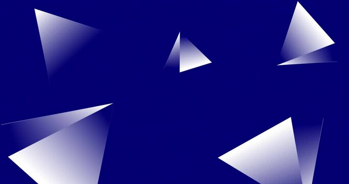 different sized white color 3d pyramid triangles rotating over blue color background. Abstract seamless looped geometrical shape motion graphics background.