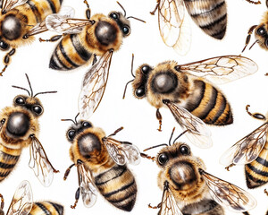 Seamless realistic honey bees pattern on white background, beekeeper wallpaper design. Generative ai