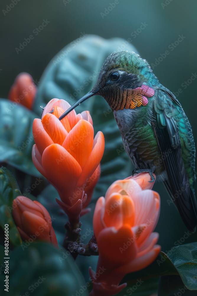 Poster a hummingbird sipping from a flower, its colors flowing into the petals, making it indistinguishable