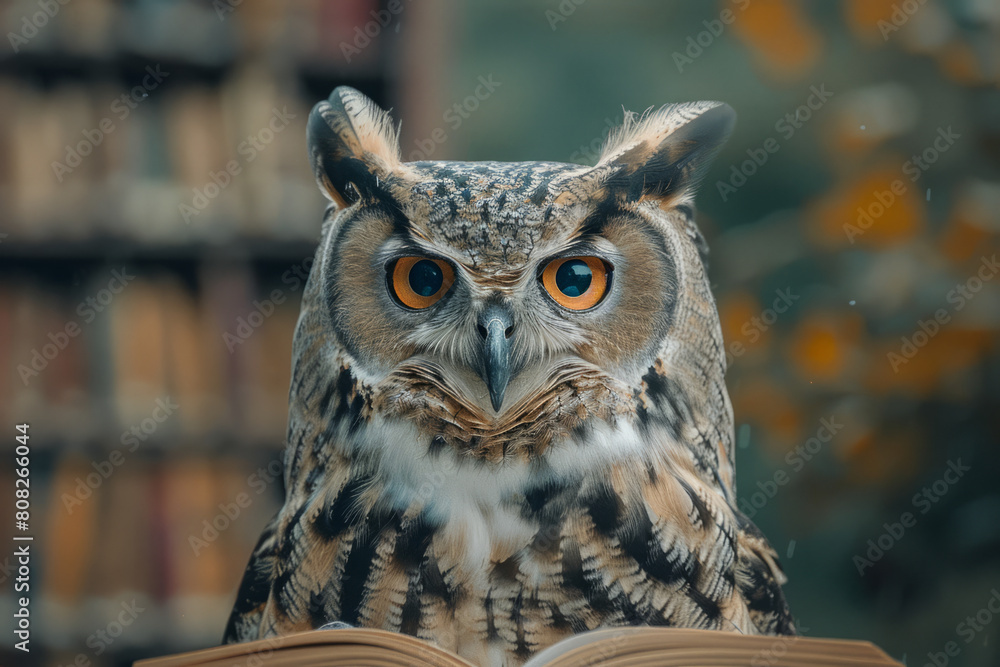 Poster An owl whose feathers transform into pages as it flies over a library, symbolizing the spread of knowledge,