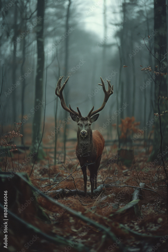 Poster a deer in the woods, its antlers branching out into tree limbs, rooting it to the spot as a part of 