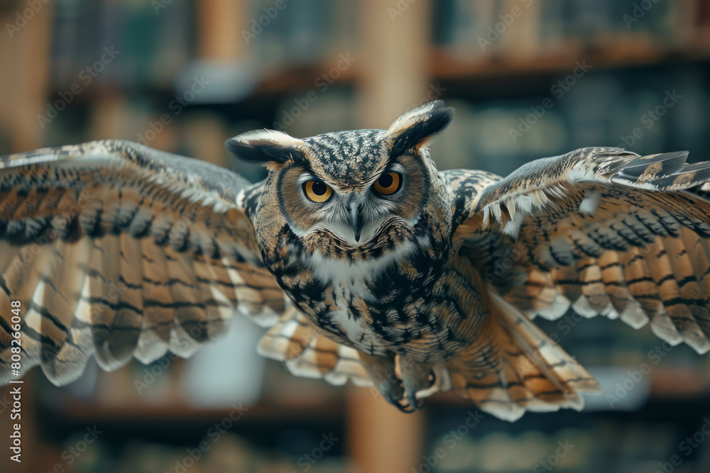Poster An owl whose feathers transform into pages as it flies over a library, symbolizing the spread of knowledge,