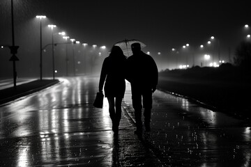 AI generated illustration of two individuals strolling on a wet city street during nighttime