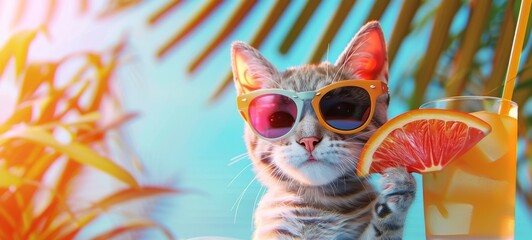 Cat in sunglasses with cocktail, tropical blurred backdrop. Stylish feline with soft drink. Banner. Copy space. Concept of summer vibes, refreshing drinks, vacation, leisure, holidays, cute pets