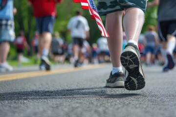 A participants legs seen walking in a community event, holding an American flag. 4th of July, american independence day, happy independence day of america, memorial day concept