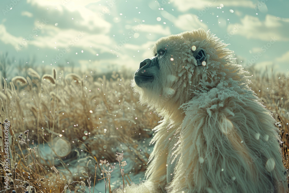 Poster a yeti with fur that appears as soft, drifting snowflakes, each unique and sparkling under the winte