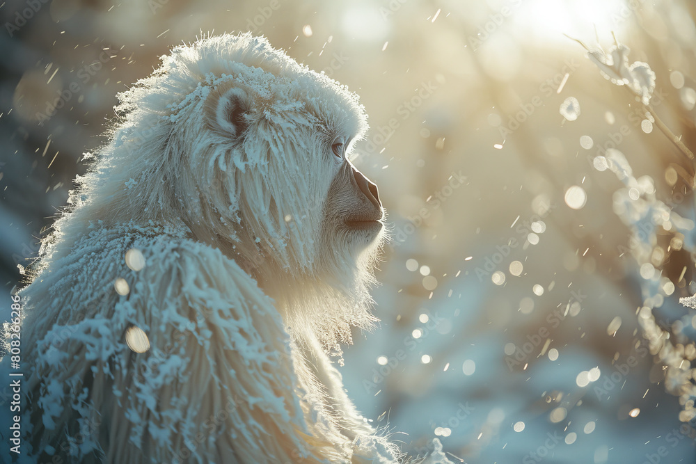 Poster A yeti with fur that appears as soft, drifting snowflakes, each unique and sparkling under the winter sun,