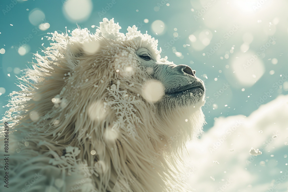 Poster a yeti with fur that appears as soft, drifting snowflakes, each unique and sparkling under the winte