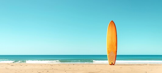 Surfboard erect on sandy beach under clear sky. Beachside surfboard. Concept of leisure sports, surf culture, coastal recreation, and sunny beach days. Copy space. Banner