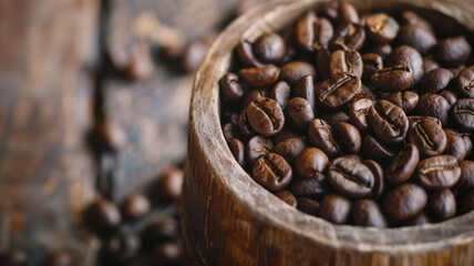 Coffee beans in wooden bowl. Close-up of roasted coffee beans in a rustic wooden bowl with a...