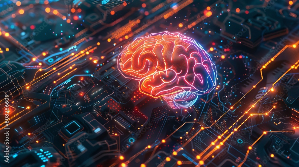 Poster futuristic brain art in neon colors. glowing brain in intricate network background. concept of cogni