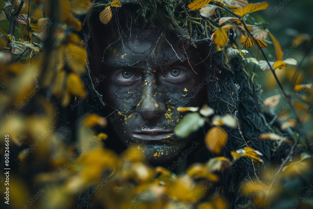 Poster An elf whose skin is a canvas of shifting autumnal colors, blending seamlessly into the forest around them,