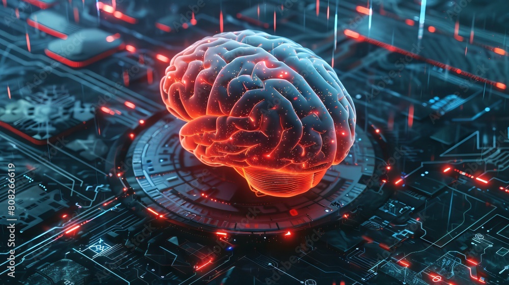 Poster neon-lit brain on intricate circuit board. glowing brain symbolizing artificial intelligence, techno