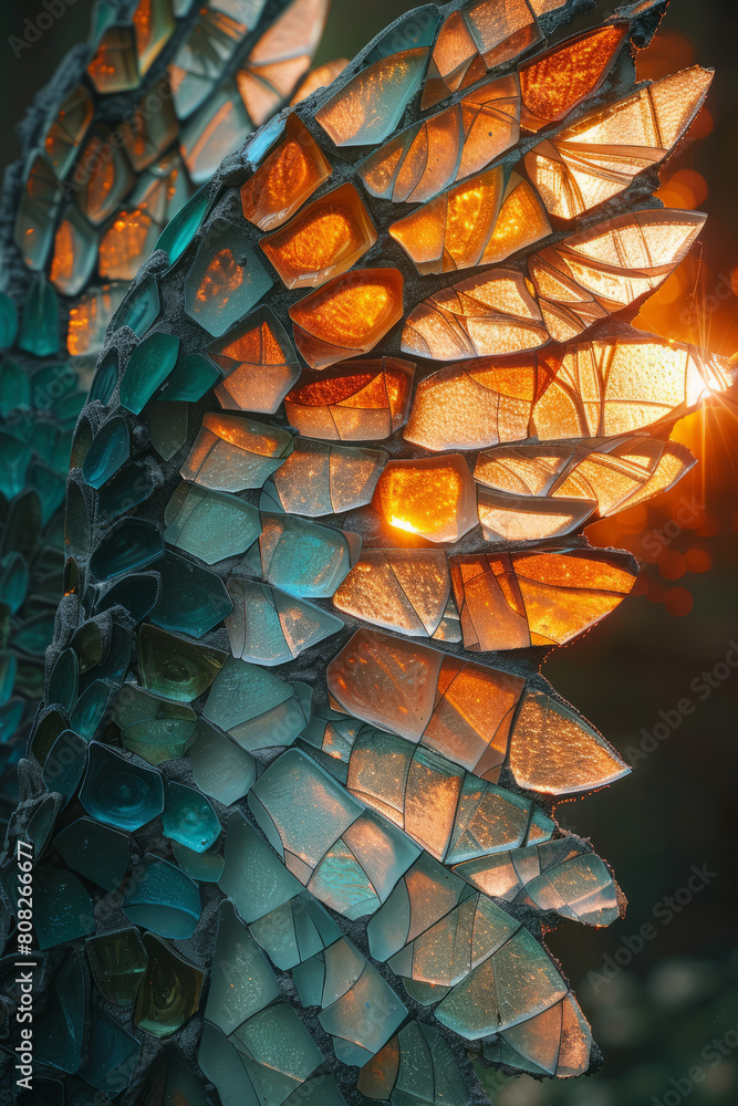 Poster A griffin with wings that resemble shattered glass, each fragment reflecting a different shade of sunset,