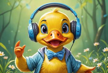 An adorable yellow duck wearing headphones and a blue outfit, with big expressive eyes.