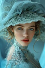 closeup woman wearing blue dress hat portrait soft pink tints pristine skin aristocrat resplendent maiden white witch conservative pastel colored