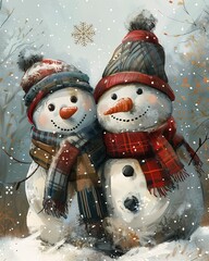 two snowmen snowy forest snowflake dating polaroid color left intimately holding close reduce duplicate smiling couple bright scarf front trading card