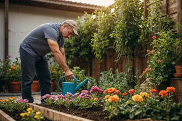 Mature man carefully tends to his vibrant flower backyard garden.