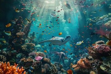 A diverse coral reef with a sea turtle and vibrant marine life under sunbeams.