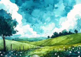 green field tree fence graphic novel cute drawing view blue skies zoomed out deep color cleanest wind flower fields