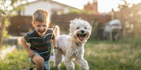 A little boy plays with a white dog in his front yard