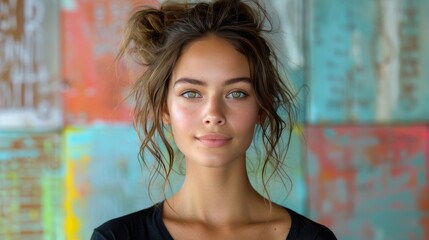 Fototapeta premium Woman Standing in Front of Colorful Wall