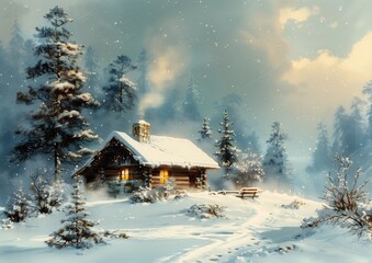 snowy scene cabin woods bench oil toon warm sunlight shining cozy night fireflies home alone frostbite smoky chimney