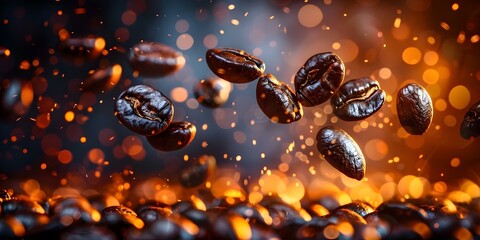 Brown coffee beans falling on dark background symbolize energyboosting healthy breakfast. Concept Product Photography, Coffee Beans, Dark Background, Energy Boosting, Healthy Breakfast - obrazy, fototapety, plakaty