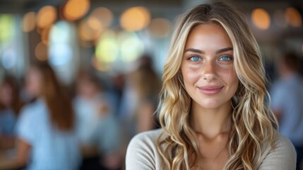 Obraz premium Woman With Long Blonde Hair and Blue Eyes