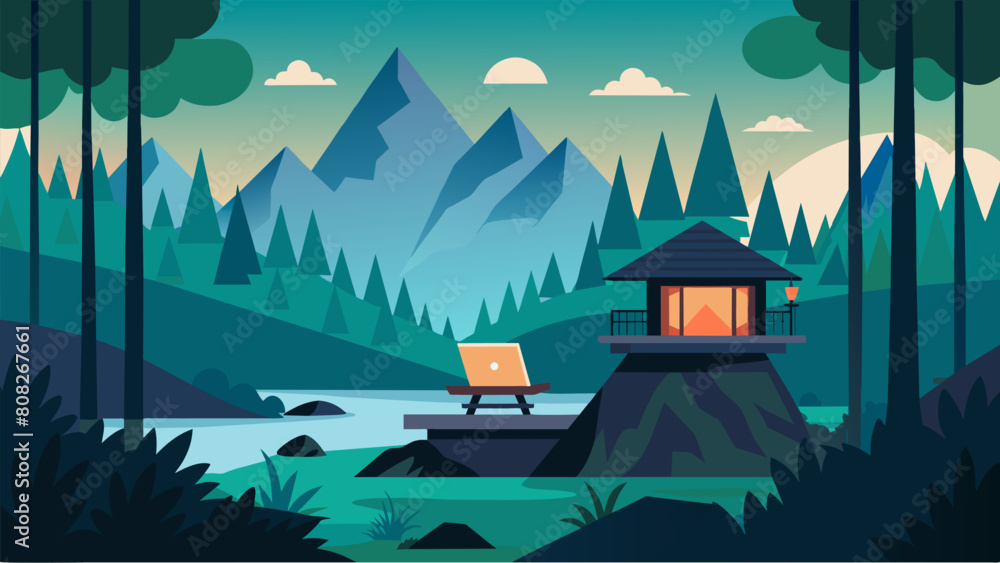 Poster a remote forest retreat designed to disconnect from technology and connect with stoic principles in 