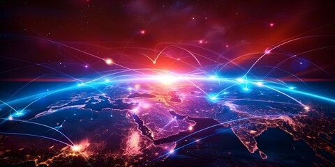 Global Telecommunication Nodes: Connecting the World Through an Internet Network. Concept Networking Infrastructure, Data Centers, Satellite Communication, Fiber Optic Cables, Internet Connectivity